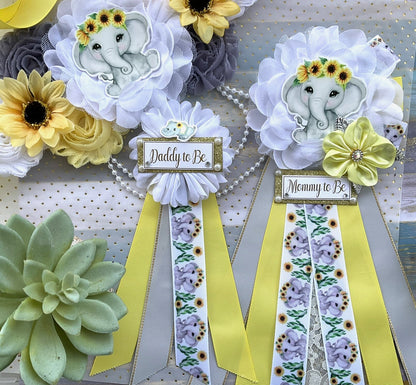 Elephant Sunflower Baby Shower, Yellow Grey Maternity Sash, Mommy To Be Ribbon, Daddy To Be Pin, Gender Reveal Sunflower Baby Shower, Custom - Celebrations By Cris