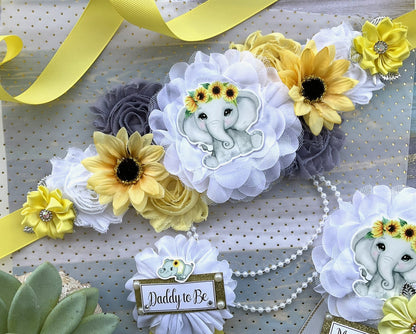 Elephant Sunflower Baby Shower, Yellow Grey Maternity Sash, Mommy To Be Ribbon, Daddy To Be Pin, Gender Reveal Sunflower Baby Shower, Custom - Celebrations By Cris