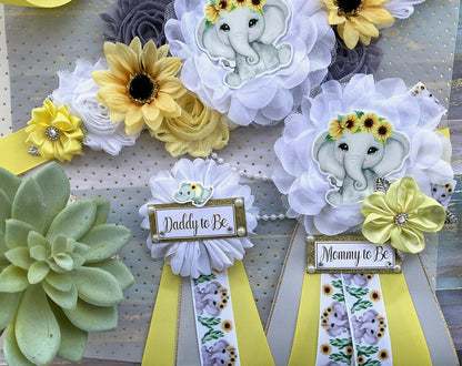 Elephant Sunflower Baby Shower, Yellow Grey Maternity Sash, Mommy To Be Ribbon, Daddy To Be Pin, Gender Reveal Sunflower Baby Shower, Custom - Celebrations By Cris