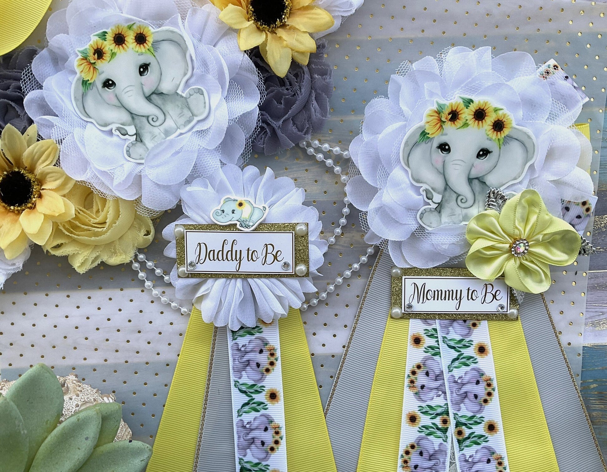 Elephant Sunflower Baby Shower, Yellow Grey Maternity Sash, Mommy To Be Ribbon, Daddy To Be Pin, Gender Reveal Sunflower Baby Shower, Custom - Celebrations By Cris