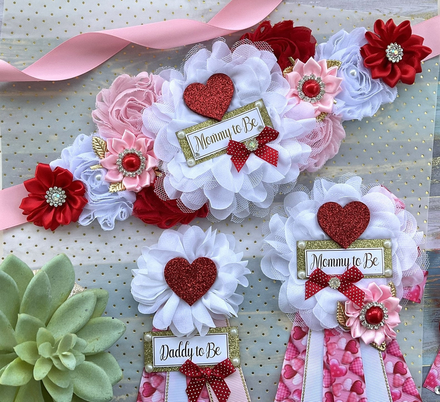 San Valentine Baby Shower, Red Pink White Heart Maternity Sash, Red Love Heart Mommy To Be Ribbon, Valentine Daddy To Be Pin, Custom - Celebrations By Cris