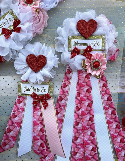 San Valentine Baby Shower, Red Pink White Heart Maternity Sash, Red Love Heart Mommy To Be Ribbon, Valentine Daddy To Be Pin, Custom - Celebrations By Cris