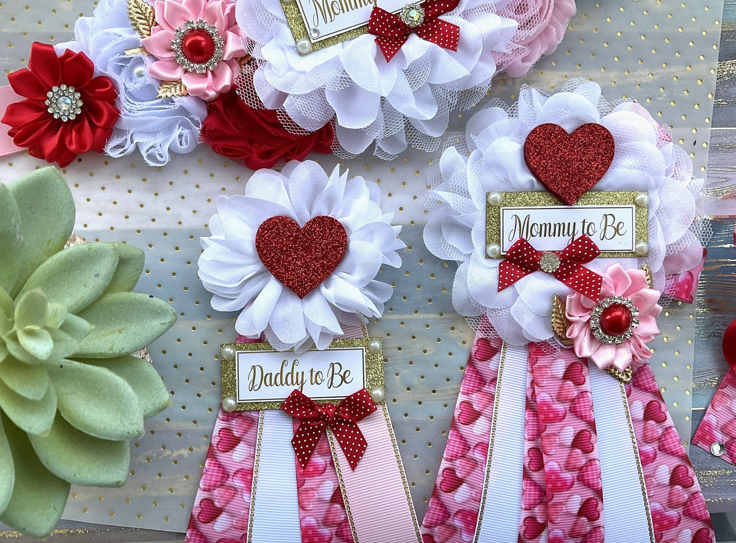 San Valentine Baby Shower, Red Pink White Heart Maternity Sash, Red Love Heart Mommy To Be Ribbon, Valentine Daddy To Be Pin, Custom - Celebrations By Cris