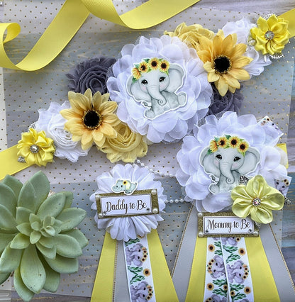 Elephant Sunflower Baby Shower, Yellow Grey Maternity Sash, Mommy To Be Ribbon, Daddy To Be Pin, Gender Reveal Sunflower Baby Shower, Custom - Celebrations By Cris