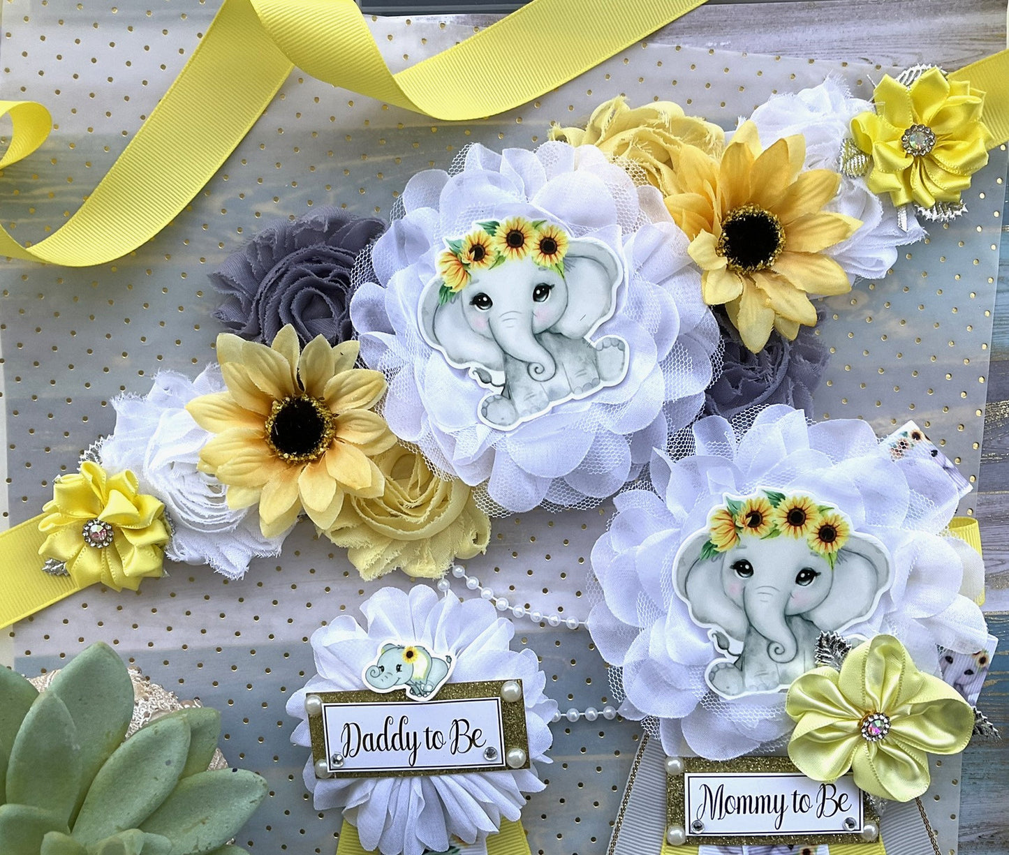 Elephant Sunflower Baby Shower, Yellow Grey Maternity Sash, Mommy To Be Ribbon, Daddy To Be Pin, Gender Reveal Sunflower Baby Shower, Custom - Celebrations By Cris