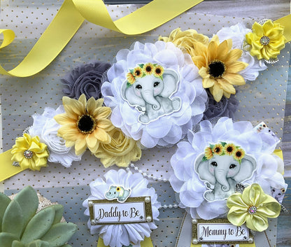 Elephant Sunflower Baby Shower, Yellow Grey Maternity Sash, Mommy To Be Ribbon, Daddy To Be Pin, Gender Reveal Sunflower Baby Shower, Custom - Celebrations By Cris