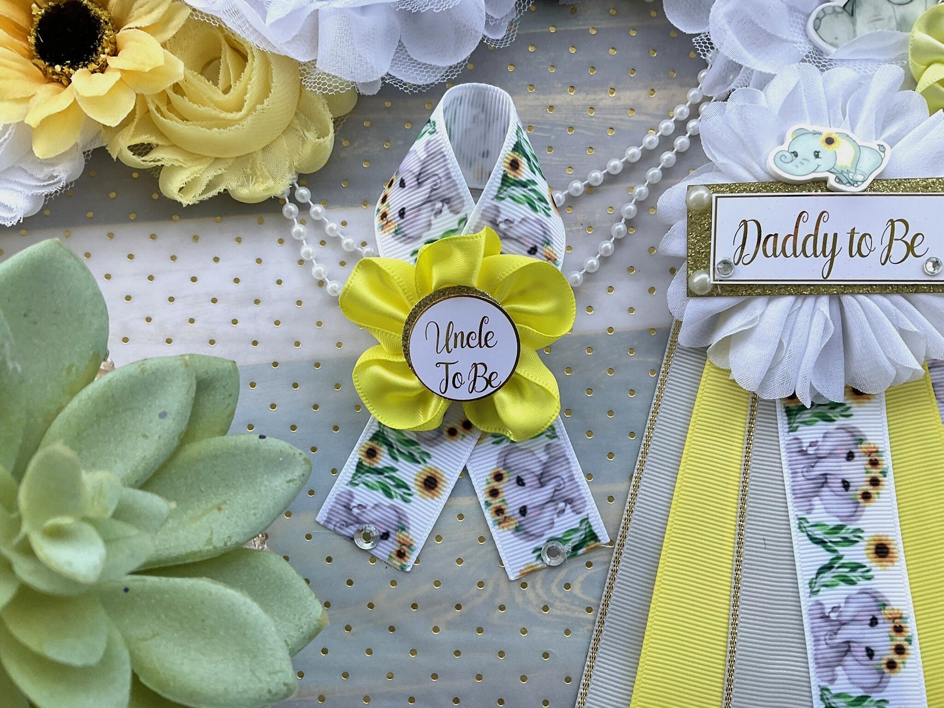 Elephant Sunflower Baby Shower, Yellow Grey Maternity Sash, Mommy To Be Ribbon, Daddy To Be Pin, Gender Reveal Sunflower Baby Shower, Custom - Celebrations By Cris