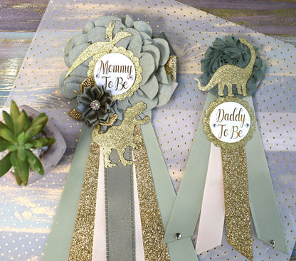 Gold Sage Dinosaur Baby Shower, Sage Green Gold Cream Mommy To Be Ribbon, Daddy To Be Pin, Greenery Gold Dinosaur Animals, Baby Shower Gift - Celebrations By Cris