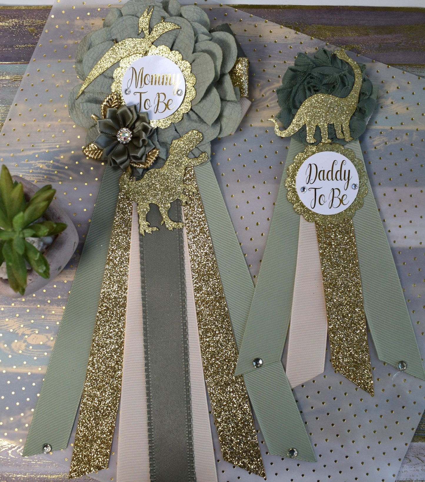 Gold Sage Dinosaur Baby Shower, Sage Green Gold Cream Mommy To Be Ribbon, Daddy To Be Pin, Greenery Gold Dinosaur Animals, Baby Shower Gift - Celebrations By Cris