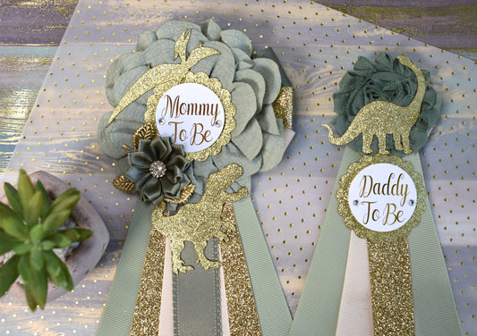 Gold Sage Dinosaur Baby Shower, Sage Green Gold Cream Mommy To Be Ribbon, Daddy To Be Pin, Greenery Gold Dinosaur Animals, Baby Shower Gift - Celebrations By Cris