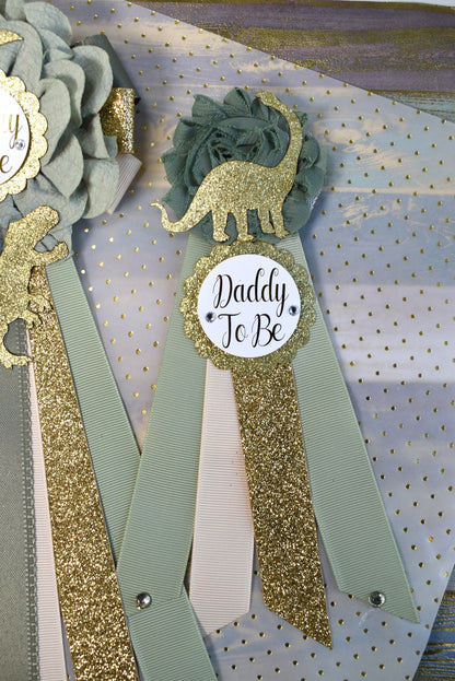 Gold Sage Dinosaur Baby Shower, Sage Green Gold Cream Mommy To Be Ribbon, Daddy To Be Pin, Greenery Gold Dinosaur Animals, Baby Shower Gift - Celebrations By Cris