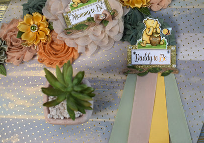 Classic Vintage Winnie Baby Shower, Winnie the Pooh Mommy To Be Pin, Classic Winnie Mommy To Be Ribbon, Winnie the Pooh Daddy Pin, Custom - Celebrations By Cris