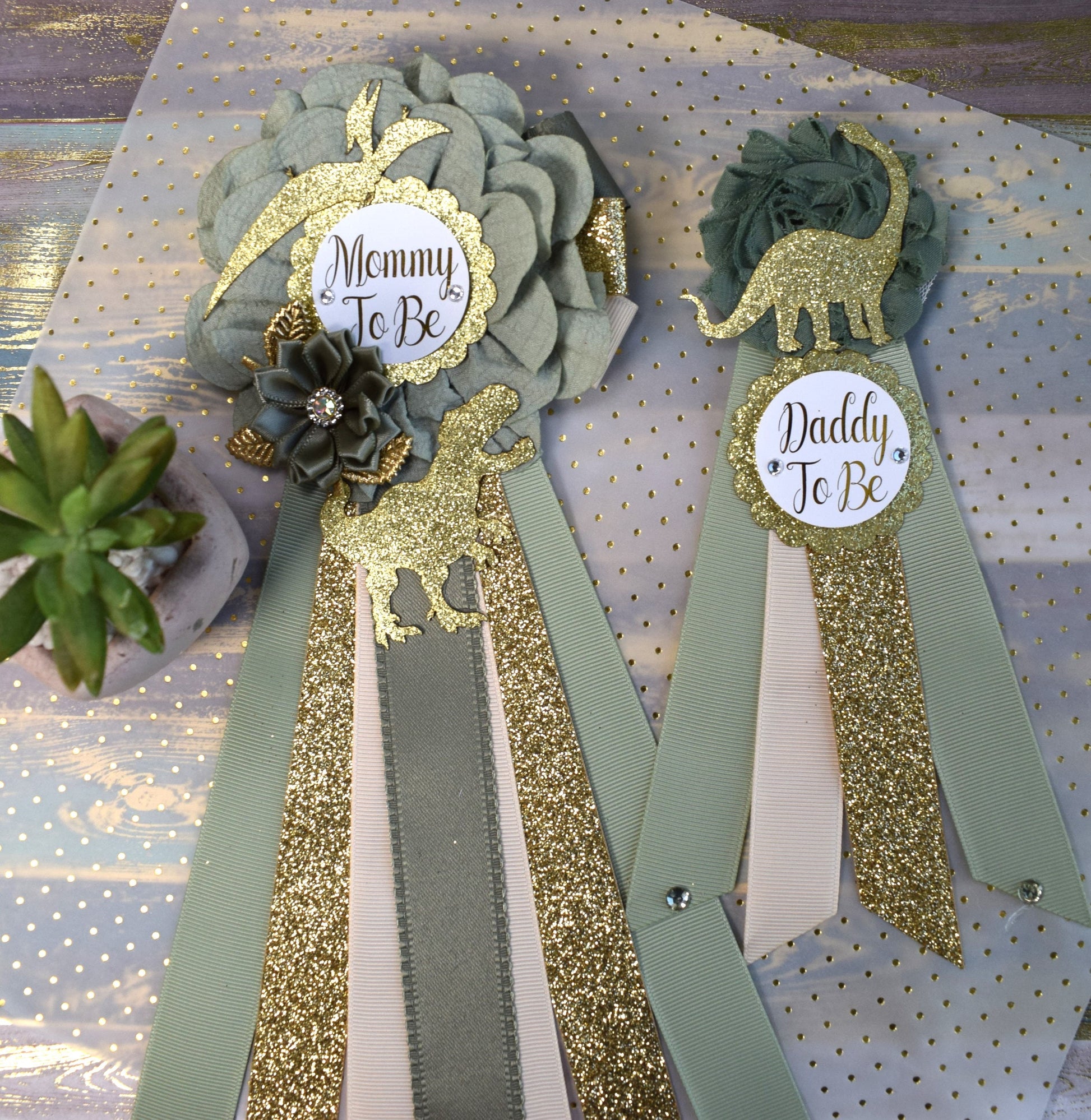 Gold Sage Dinosaur Baby Shower, Sage Green Gold Cream Mommy To Be Ribbon, Daddy To Be Pin, Greenery Gold Dinosaur Animals, Baby Shower Gift - Celebrations By Cris