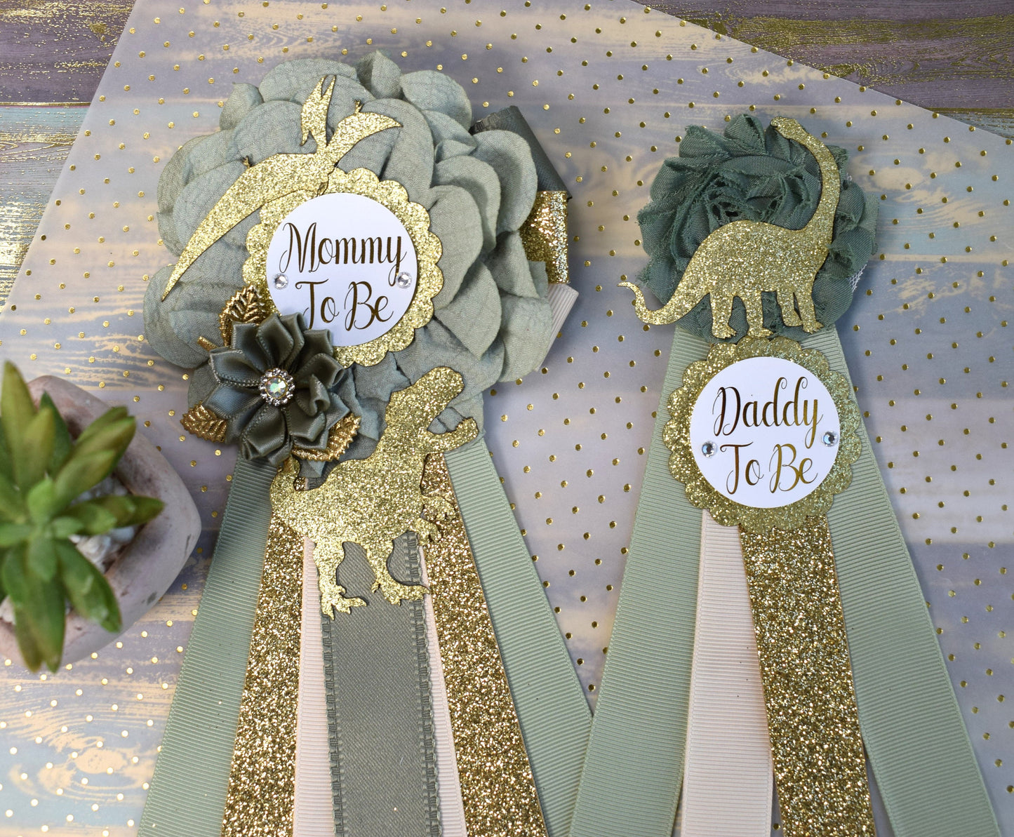 Gold Sage Dinosaur Baby Shower, Sage Green Gold Cream Mommy To Be Ribbon, Daddy To Be Pin, Greenery Gold Dinosaur Animals, Baby Shower Gift - Celebrations By Cris