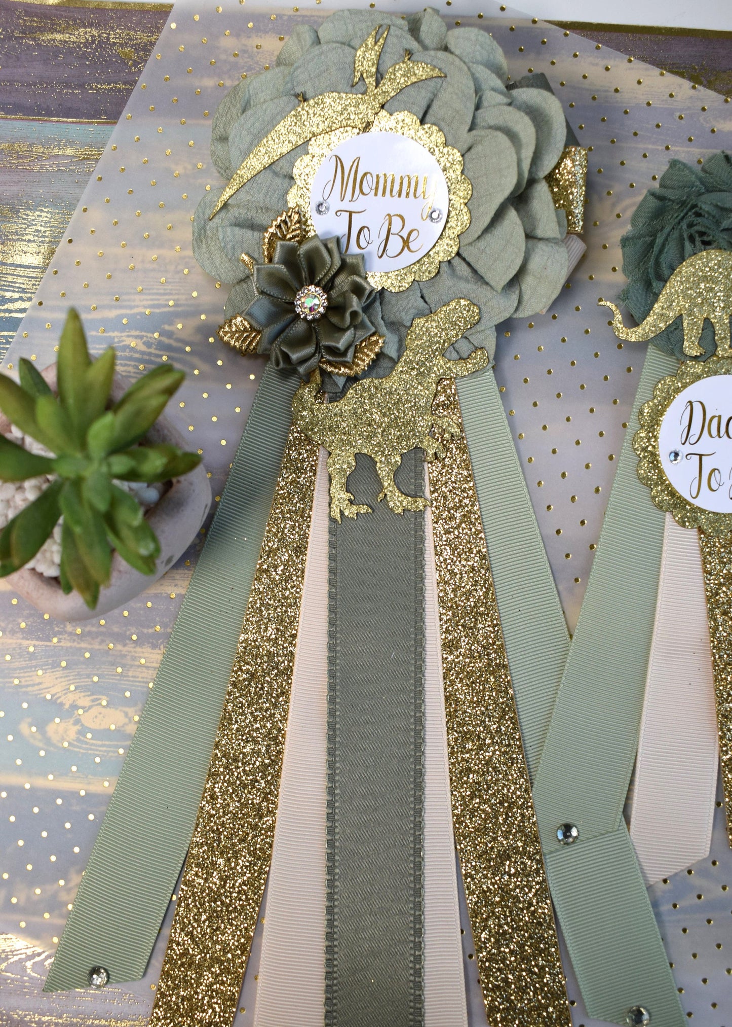 Gold Sage Dinosaur Baby Shower, Sage Green Gold Cream Mommy To Be Ribbon, Daddy To Be Pin, Greenery Gold Dinosaur Animals, Baby Shower Gift - Celebrations By Cris