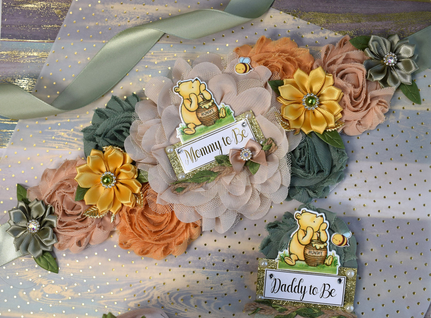 Classic Vintage Winnie Baby Shower, Winnie the Pooh Mommy To Be Pin, Classic Winnie Mommy To Be Ribbon, Winnie the Pooh Daddy Pin, Custom - Celebrations By Cris