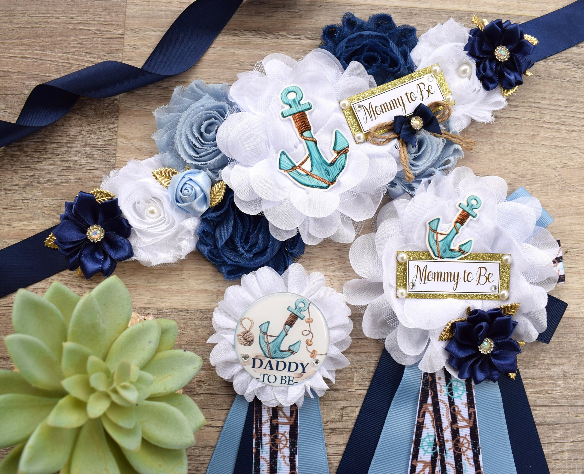 Anchor Nautical Baby Shower, Rustic Blue White Flower Sash, Ahoy Nautical Maternity Sash, Anchor, Its a Boy, Nautical Belly Sash - Celebrations By Cris