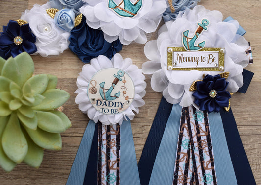 Anchor Nautical Baby Shower, Rustic Blue White Flower Sash, Ahoy Nautical Maternity Sash, Anchor, Its a Boy, Nautical Belly Sash - Celebrations By Cris