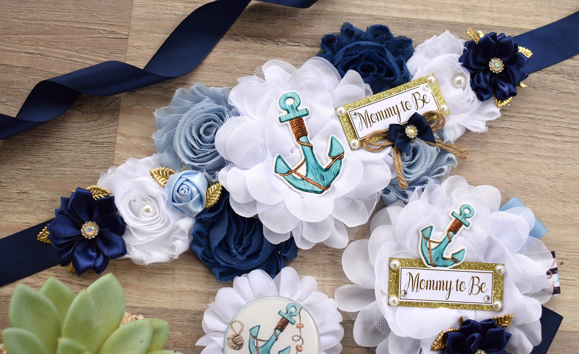 Anchor Nautical Baby Shower, Rustic Blue White Flower Sash, Ahoy Nautical Maternity Sash, Anchor, Its a Boy, Nautical Belly Sash - Celebrations By Cris