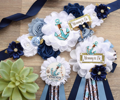 Anchor Nautical Baby Shower, Rustic Blue White Flower Sash, Ahoy Nautical Maternity Sash, Anchor, Its a Boy, Nautical Belly Sash - Celebrations By Cris