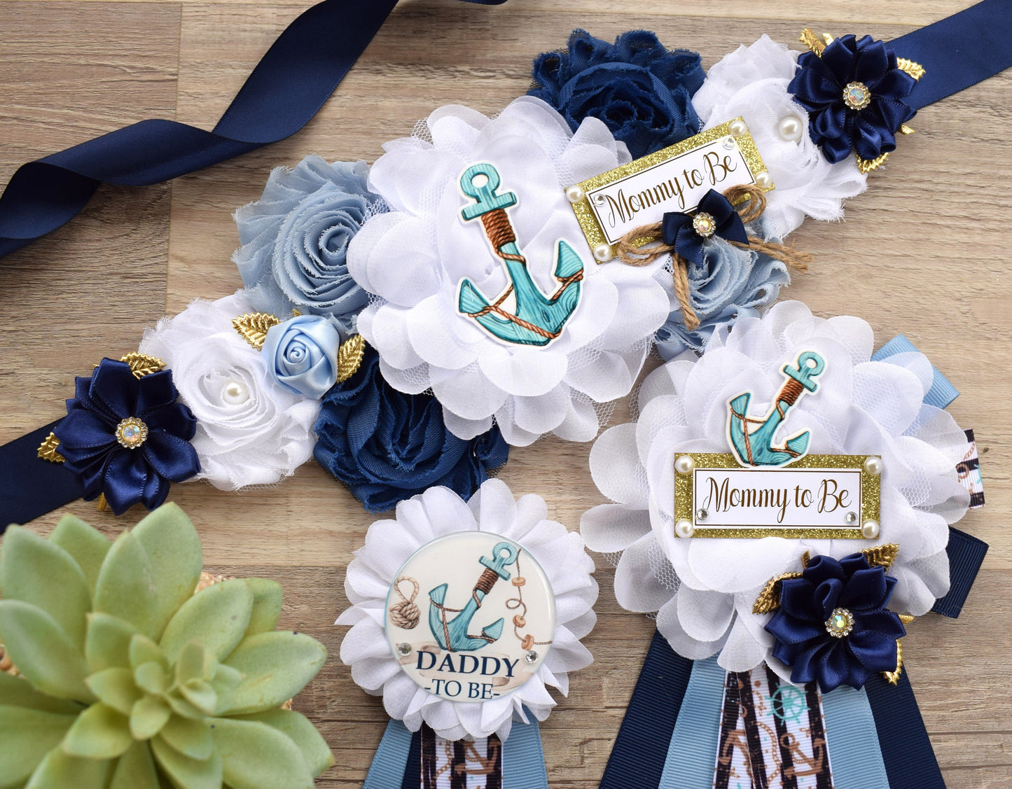 Anchor Nautical Baby Shower, Rustic Blue White Flower Sash, Ahoy Nautical Maternity Sash, Anchor, Its a Boy, Nautical Belly Sash - Celebrations By Cris