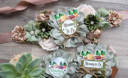 Fox Woodland Baby Shower, Sage Green Fox Woodland Maternity Sash, Fox Mommy To Be Corsage Pin, Woodland Daddy To Be Pin, Fox Woodland Shower - Celebrations By Cris