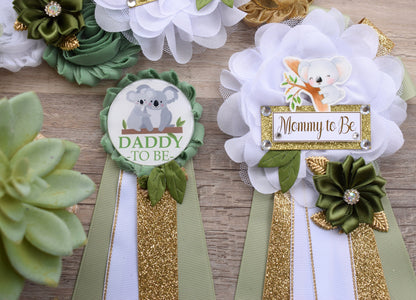 Koala Baby Shower, Koala Mommy to Be Pin, Koala Baby Shower Pin, Koala Greenery Maternity Sash, Baby Shower, Green White Gold - S0004 - Celebrations By Cris