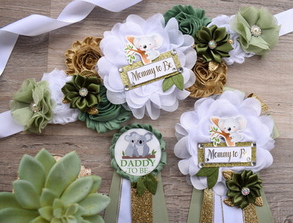 Koala Baby Shower, Koala Mommy to Be Pin, Koala Baby Shower Pin, Koala Greenery Maternity Sash, Baby Shower, Green White Gold - S0004 - Celebrations By Cris