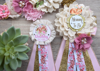 Girl Deer Baby Shower, Pink Deer Mommy To Be Maternity Sash, Deer Daddy To Be Corsage Pins, Pink Tan Gold Girl Beer, Custom - Celebrations By Cris