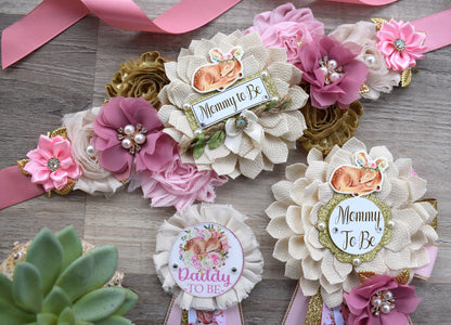 Girl Deer Baby Shower, Pink Deer Mommy To Be Maternity Sash, Deer Daddy To Be Corsage Pins, Pink Tan Gold Girl Beer, Custom - Celebrations By Cris