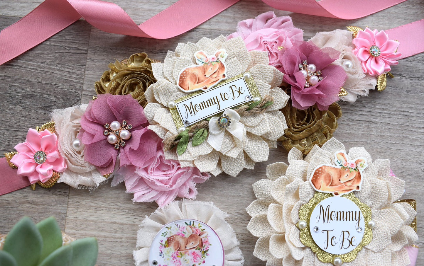 Girl Deer Baby Shower, Pink Deer Mommy To Be Maternity Sash, Deer Daddy To Be Corsage Pins, Pink Tan Gold Girl Beer, Custom - Celebrations By Cris