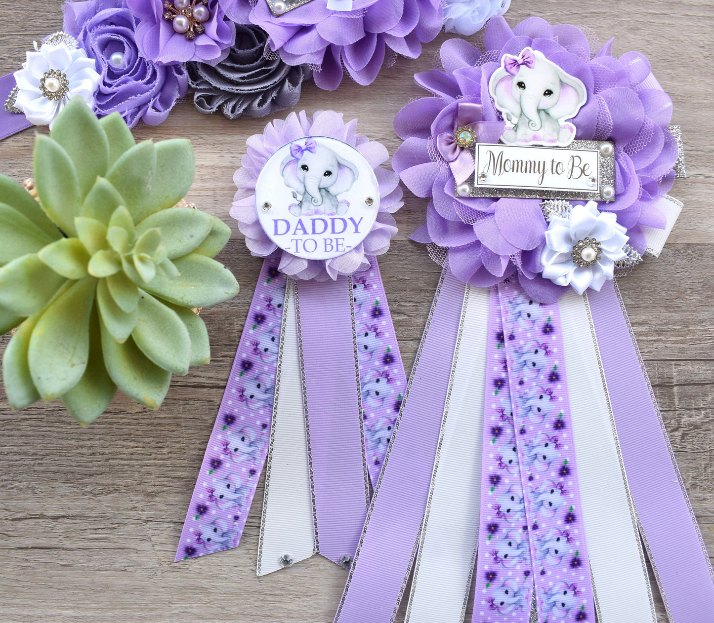 Lavender Grey Elephant Baby Shower, Lavender Grey Elephant Sash and Pin Set, Purple Elephant Belly Sash, Lilac Flower Maternity Sash, Custom - Celebrations By Cris