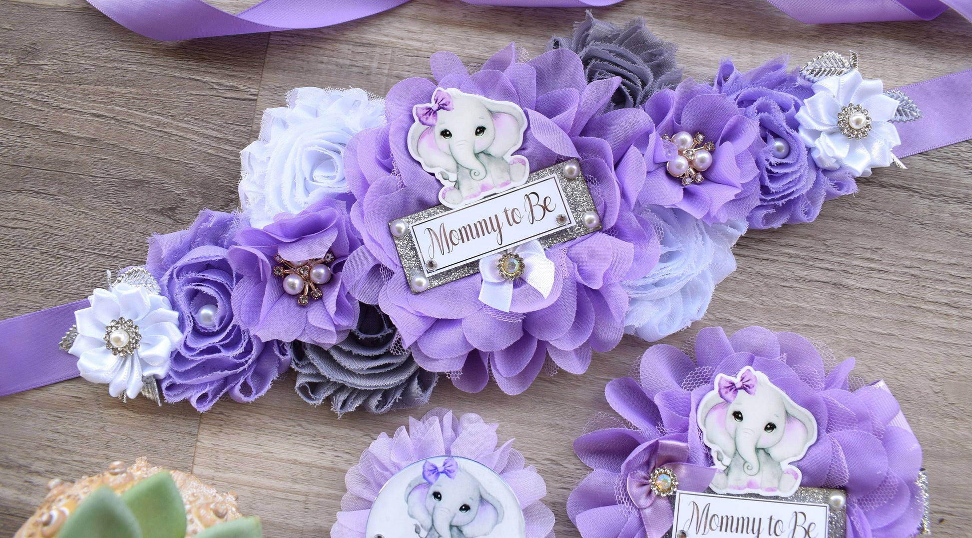 Lavender Grey Elephant Baby Shower, Lavender Grey Elephant Sash and Pin Set, Purple Elephant Belly Sash, Lilac Flower Maternity Sash, Custom - Celebrations By Cris