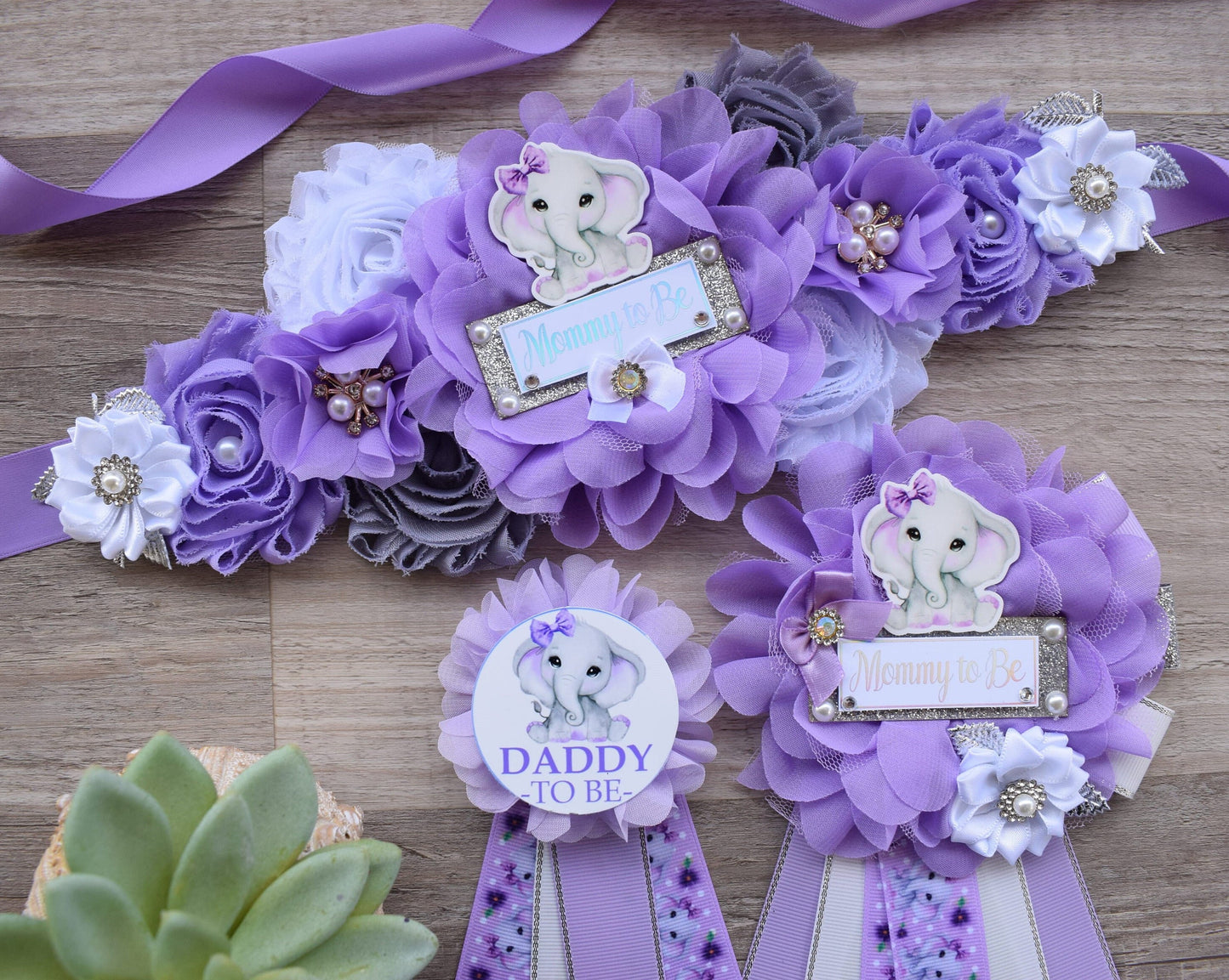 Lavender Grey Elephant Baby Shower, Lavender Grey Elephant Sash and Pin Set, Purple Elephant Belly Sash, Lilac Flower Maternity Sash, Custom - Celebrations By Cris