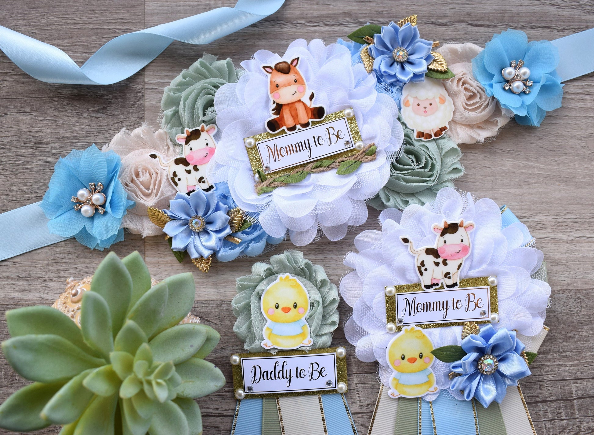 Boy Farm Animal Baby Shower, Barn Animal Baby Shower, Cow Sheep Horse Mommy To Be Ribbon Pin, Farm Daddy To Be Ribbon Pin - S0007 - Celebrations By Cris