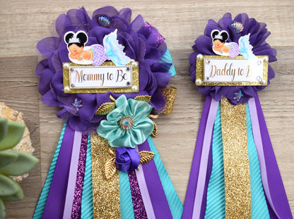 Mermaid Baby Shower, Purple Lavender Turquoise, Mermaid Mommy To Be Ribbon, Mermaid Daddy To Be Pin, Custom