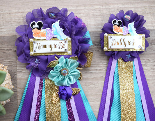 Mermaid Baby Shower, Purple Lavender Turquoise, Mermaid Mommy To Be Ribbon, Mermaid Daddy To Be Pin, Custom