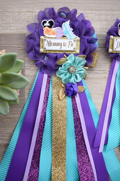 Mermaid Baby Shower, Purple Lavender Turquoise, Mermaid Mommy To Be Ribbon, Mermaid Daddy To Be Pin, Custom