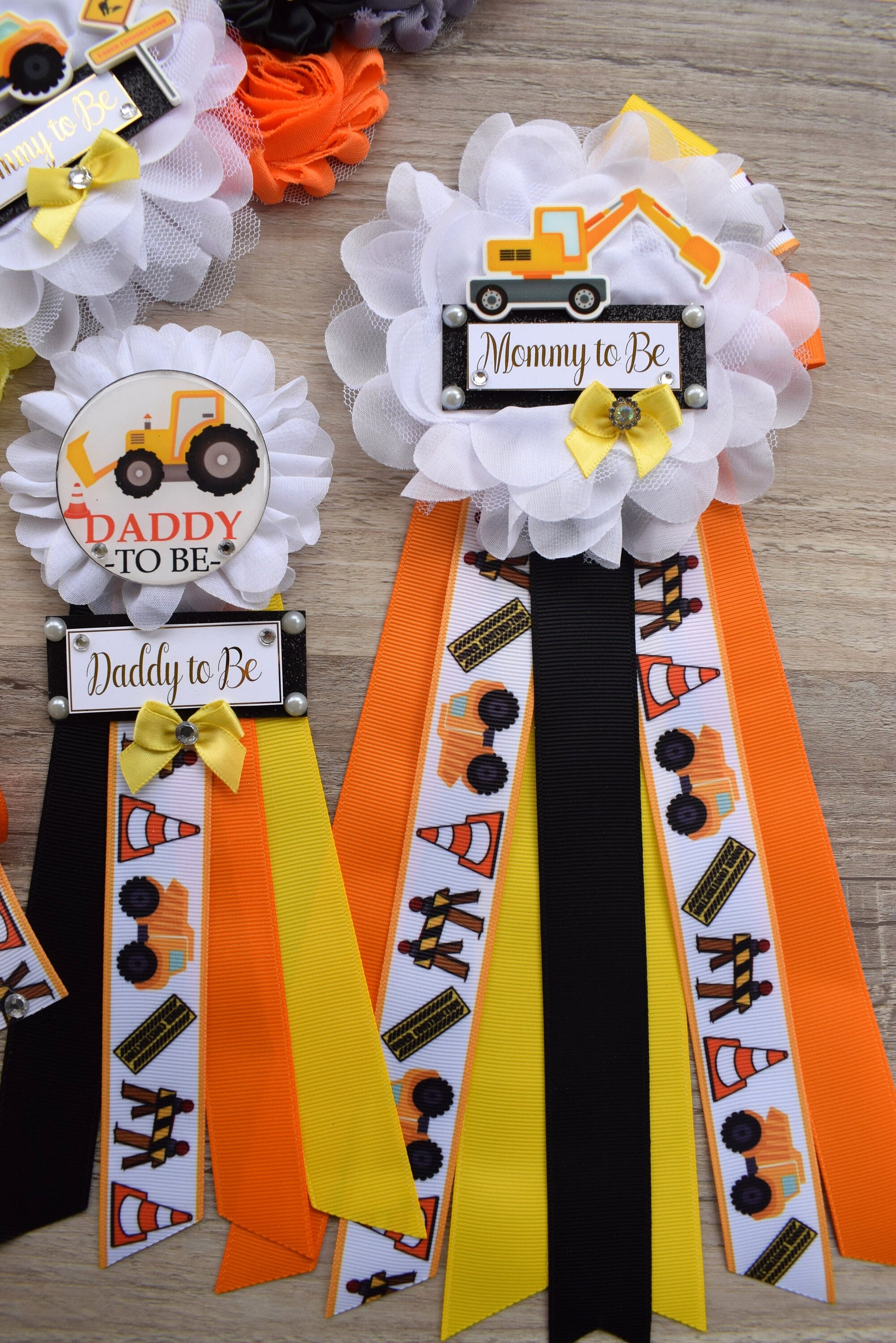 Under Construction Baby Shower, Boy Construction Maternity Sash, Black Yellow Orange Badge, Mommy To Be Pin, Daddy To Be Pin, Baby Shower - Celebrations By Cris