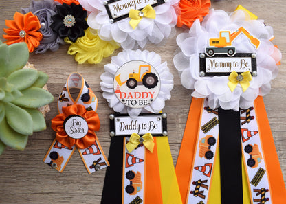 Under Construction Baby Shower, Boy Construction Maternity Sash, Black Yellow Orange Badge, Mommy To Be Pin, Daddy To Be Pin, Baby Shower - Celebrations By Cris