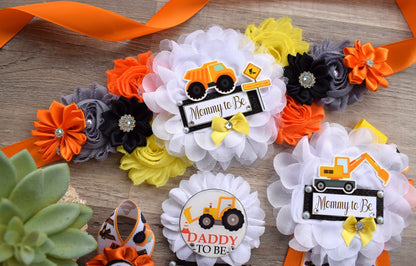 Under Construction Baby Shower, Boy Construction Maternity Sash, Black Yellow Orange Badge, Mommy To Be Pin, Daddy To Be Pin, Baby Shower - Celebrations By Cris