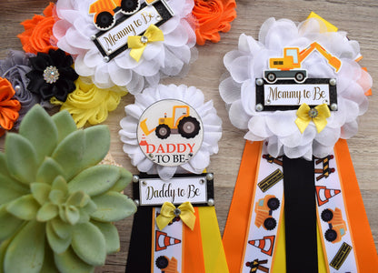 Under Construction Baby Shower, Boy Construction Maternity Sash, Black Yellow Orange Badge, Mommy To Be Pin, Daddy To Be Pin, Baby Shower - Celebrations By Cris