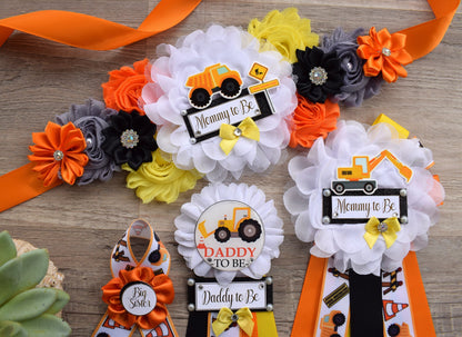 Under Construction Baby Shower, Boy Construction Maternity Sash, Black Yellow Orange Badge, Mommy To Be Pin, Daddy To Be Pin, Baby Shower - Celebrations By Cris