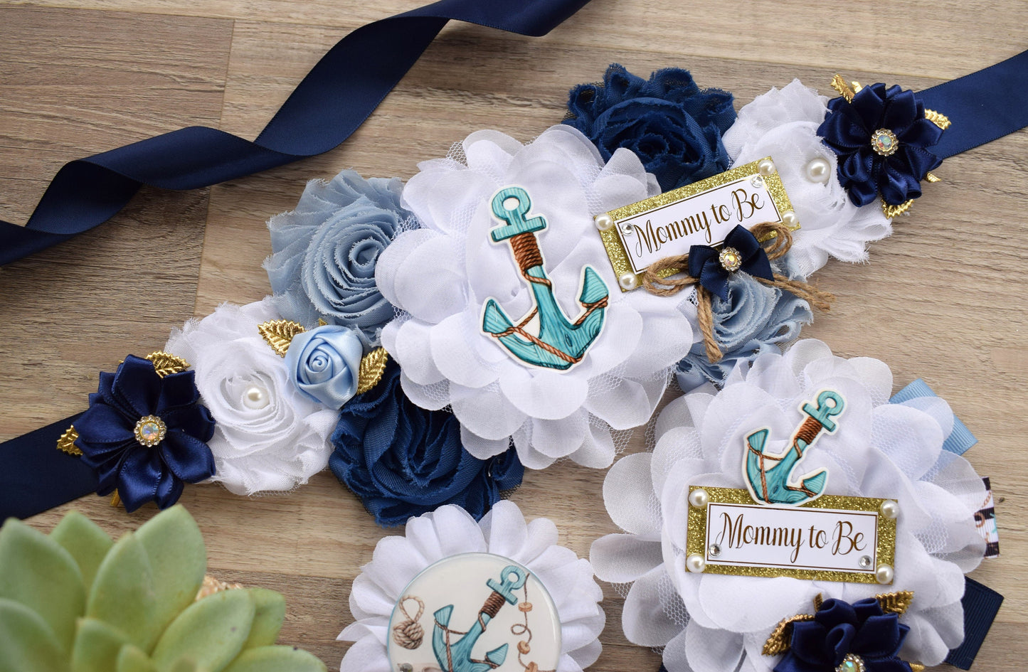 Anchor Nautical Baby Shower, Rustic Blue White Flower Sash, Ahoy Nautical Maternity Sash, Anchor, Its a Boy, Nautical Belly Sash - Celebrations By Cris