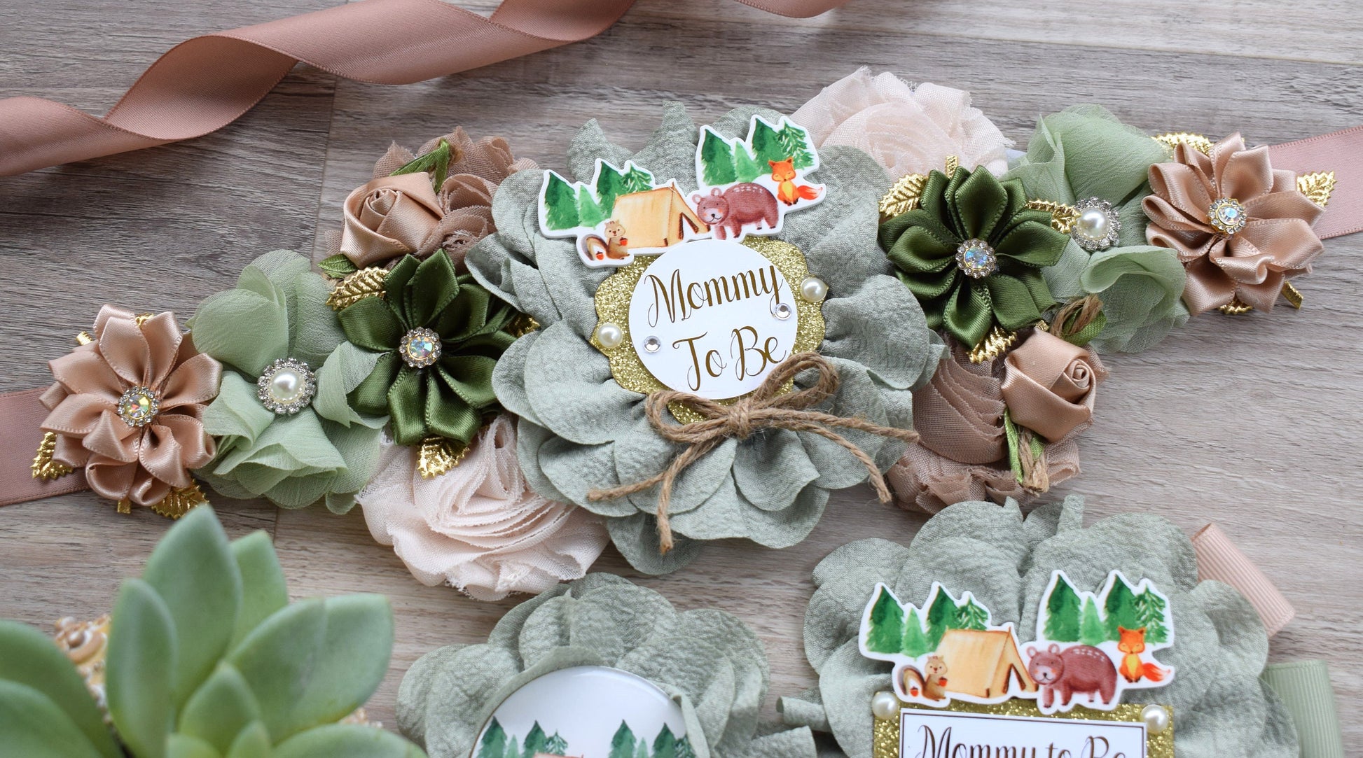 Fox Woodland Baby Shower, Sage Green Fox Woodland Maternity Sash, Fox Mommy To Be Corsage Pin, Woodland Daddy To Be Pin, Fox Woodland Shower - Celebrations By Cris