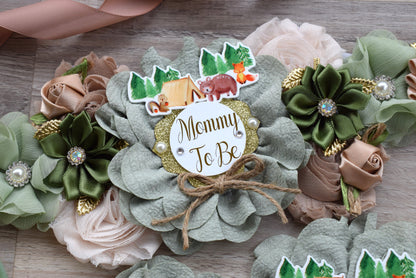 Fox Woodland Baby Shower, Sage Green Fox Woodland Maternity Sash, Fox Mommy To Be Corsage Pin, Woodland Daddy To Be Pin, Fox Woodland Shower - Celebrations By Cris