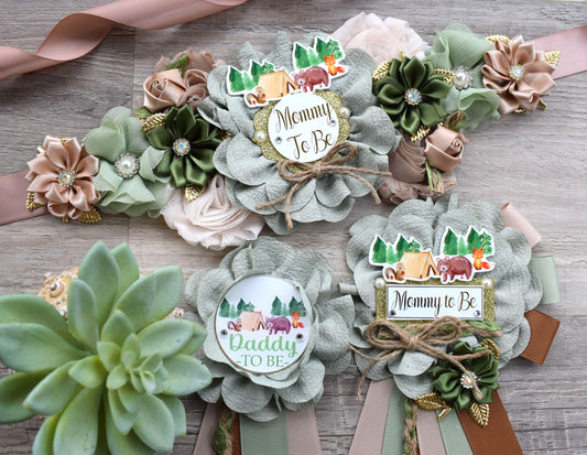 Fox Woodland Baby Shower, Sage Green Fox Woodland Maternity Sash, Fox Mommy To Be Corsage Pin, Woodland Daddy To Be Pin, Fox Woodland Shower - Celebrations By Cris