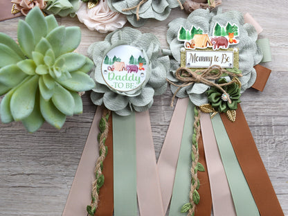 Fox Woodland Baby Shower, Sage Green Fox Woodland Maternity Sash, Fox Mommy To Be Corsage Pin, Woodland Daddy To Be Pin, Fox Woodland Shower - Celebrations By Cris