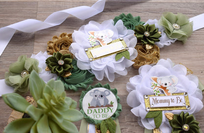 Koala Baby Shower, Koala Mommy to Be Pin, Koala Baby Shower Pin, Koala Greenery Maternity Sash, Baby Shower, Green White Gold - S0004 - Celebrations By Cris