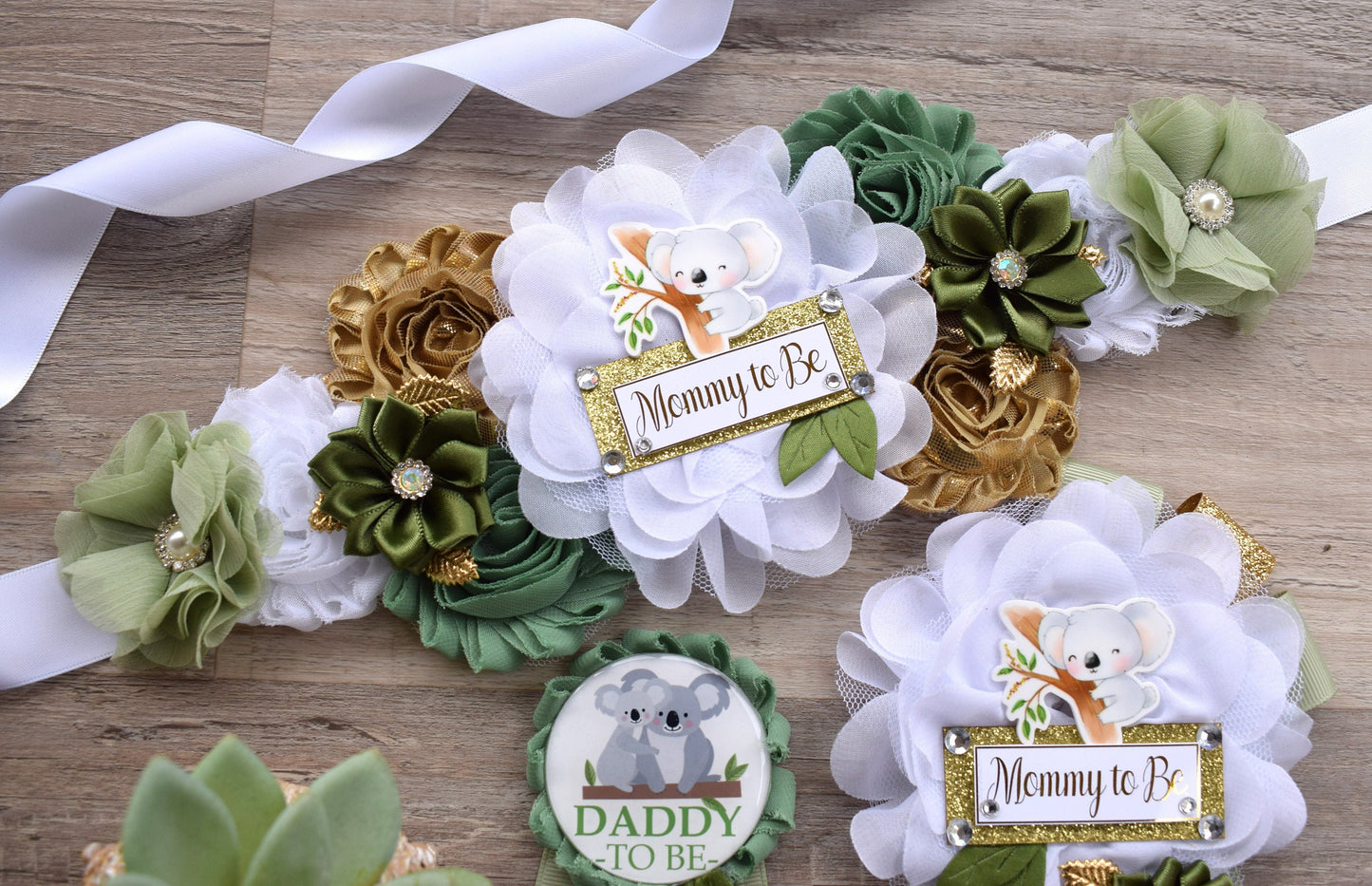 Koala Baby Shower, Koala Mommy to Be Pin, Koala Baby Shower Pin, Koala Greenery Maternity Sash, Baby Shower, Green White Gold - S0004 - Celebrations By Cris